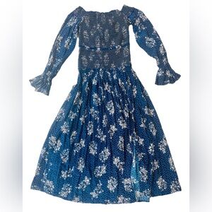 Steele Blue Floral Prairie Dress Ruched Top Flare Sleeves SzS Cottagecore Fairy